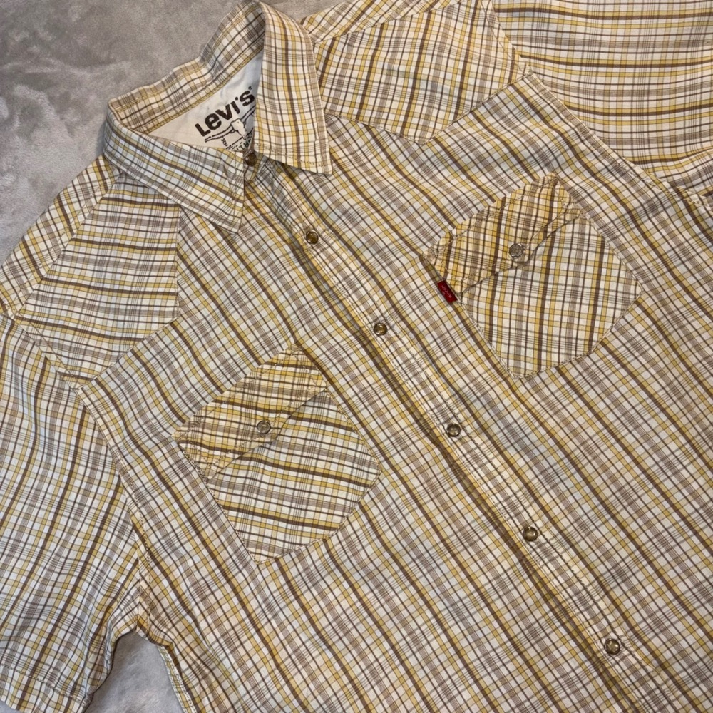 Vintage Y2K Levis Mens XL Plaid‎ Pearl Snap Western Shirt Yellow Short Sleeve